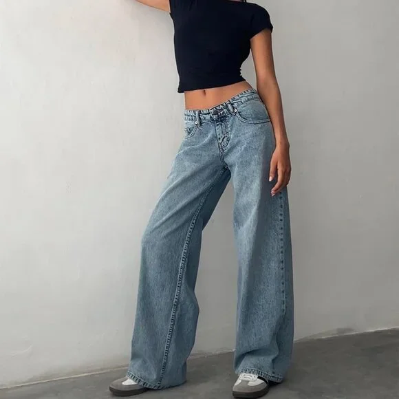 Women Y2K Low Rise Baggy Jeans Vintage Wide Leg Casual Denim Pants